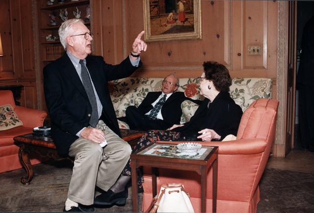 Frank Welch in card room of the Crespi Estate, points out a detail to Bob Thomas.  Frank said when he viewed the Crespi Estate it was like a beautiful refined woman with much allure.